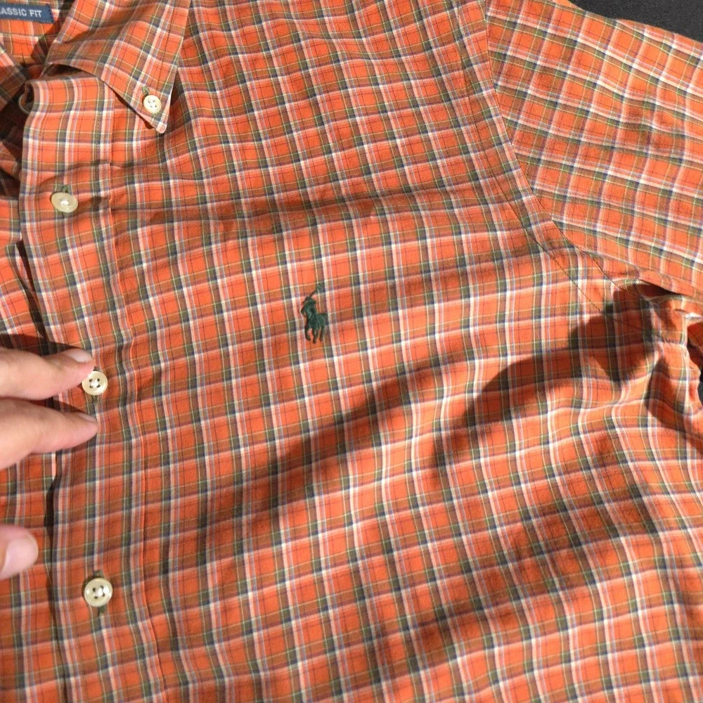 Ralph Lauren Plaid Shirt Mens Medium Orange Classic Fit Long Sleeve Button Down